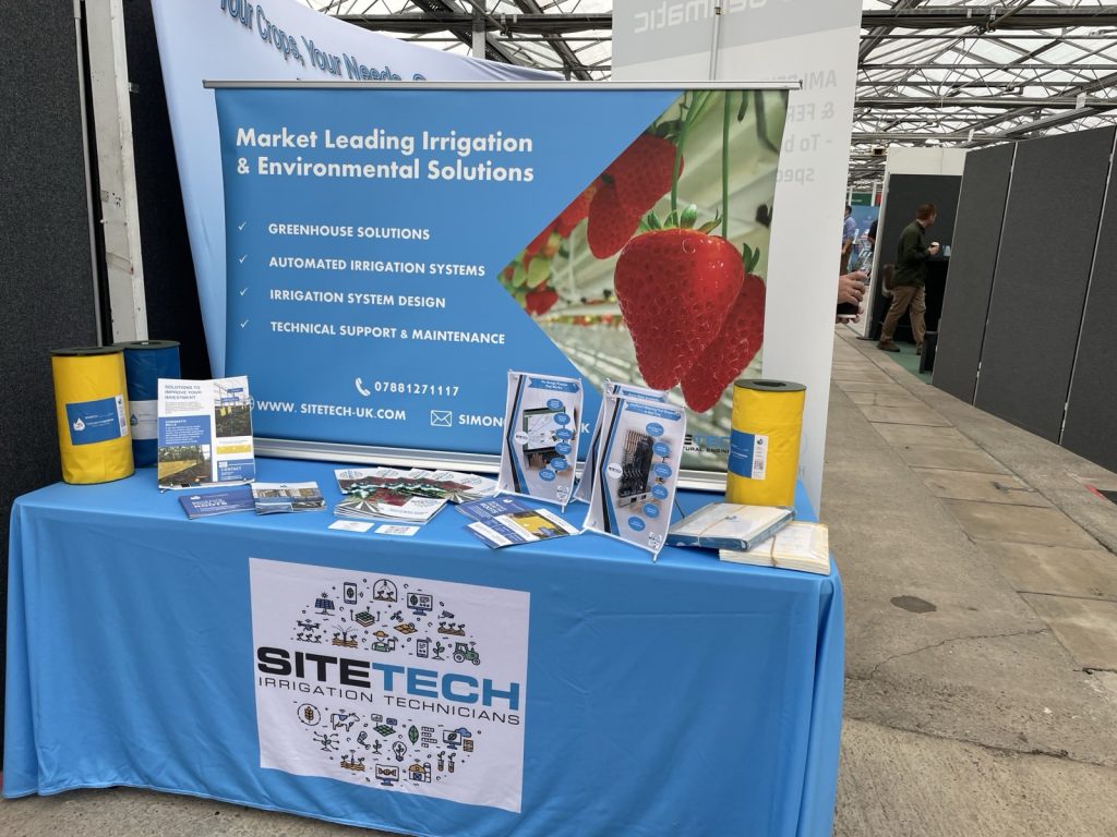 Sitetech | We're Exhibiting at Four Oaks Trade Show 2026: Meet Us on Stand D98 Sitetech Irrigation stand at Four Oaks 2026 showing greenhouse solutions, automated irrigation systems and design services