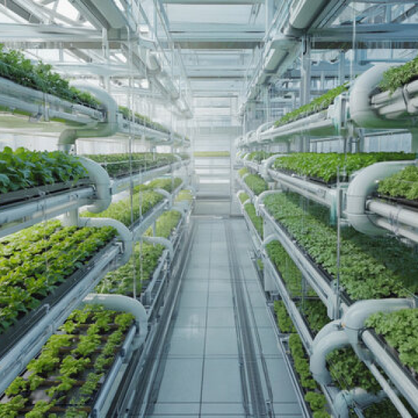 Modern vertical hydroponic farm with stacked growing channels